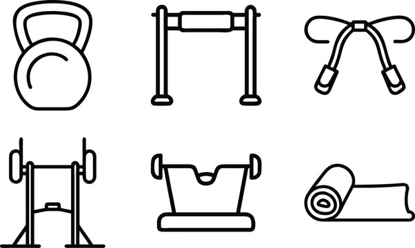 Six black outline icons of gym equipment on white background kettlebell pullup