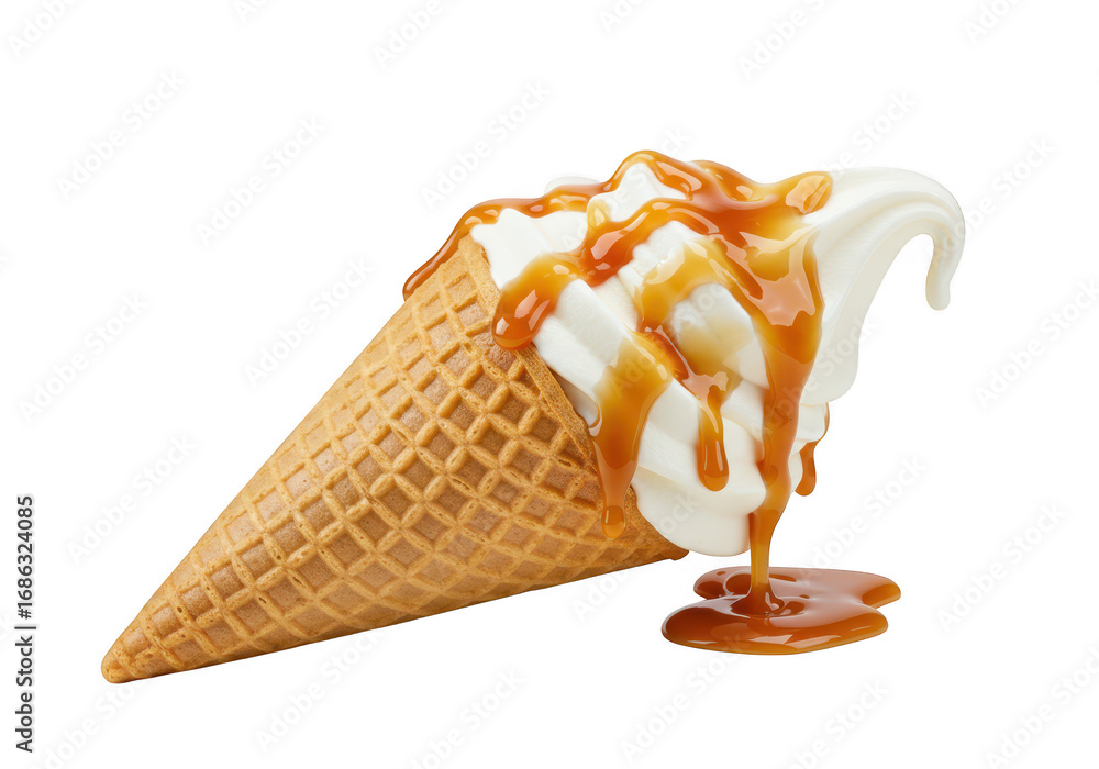Poster soft serve ice cream with caramel sauce in a waffle cone isolated on white isolated on transparent b