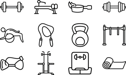 Collection of black line art fitness equipment icons on white background workout exercise 5