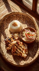 Fototapeta premium Thai grilled chicken gai yang served with sticky rice and green papaya salad in natural daylight.