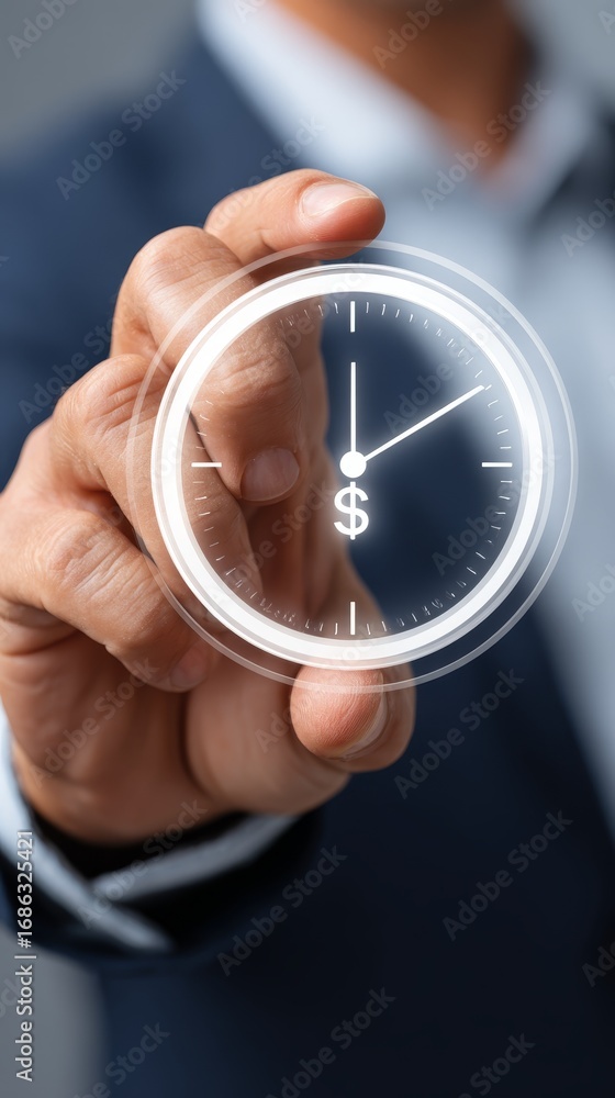 Poster time management, businessman holding clock symbolizing punctuality and efficiency in professional se