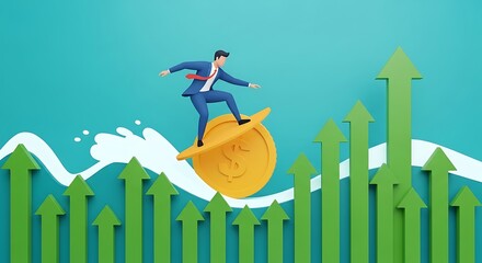 A stylized businessman rides a surfboard shaped like a coin, navigating rising financial trends.