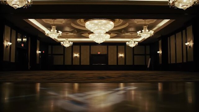 Opulent Ballroom Interior with Crystal Chandeliers Reflected on Gleaming Parquet Floor