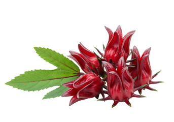 Vibrant red roselle fruit with green leaves transparent background