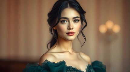 A Graceful Woman with a Deep Emerald Green Ball Gown