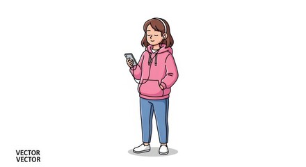 Fototapeta premium Girl with Headphones and Smartphone, Full Length Illustration