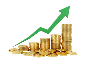 Growth and financial success golden coins stacks with upward trending arrow