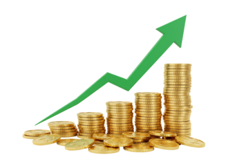 Growth and financial success golden coins stacks with upward trending arrow