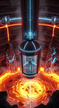 Futuristic escape pod descending towards molten lava under a complex industrial structure