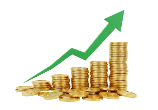 Growth and financial success golden coins stacks with upward trending arrow