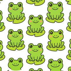Cute kawaii frog sitting on a lily pad. Seamless vector pattern background. Adorable cartoon amphibian illustration for kids fabric or wallpaper.