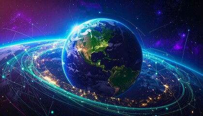 Obraz premium Earth in space with glowing rings and network lines