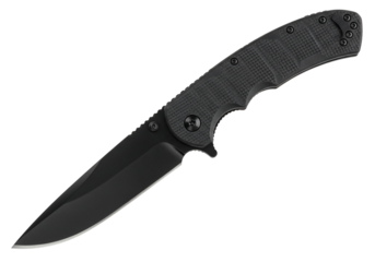 Black folding knife with textured handle isolated on transparent background