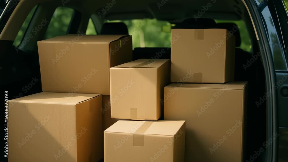 Poster moving day organization. trunk of car packed with cardboard boxes for efficient storage and organiza