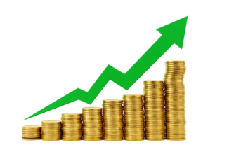 Gold coins stacks with upward green arrow financial growth concept