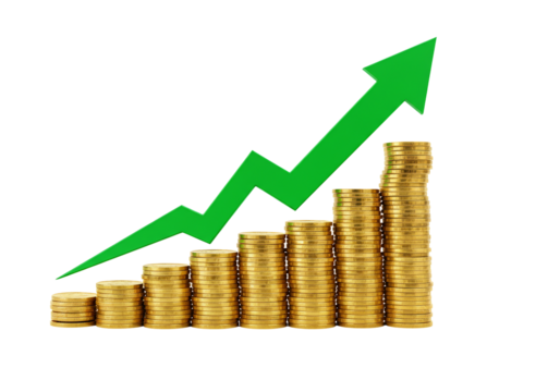 Gold coins stacks with upward green arrow financial growth concept