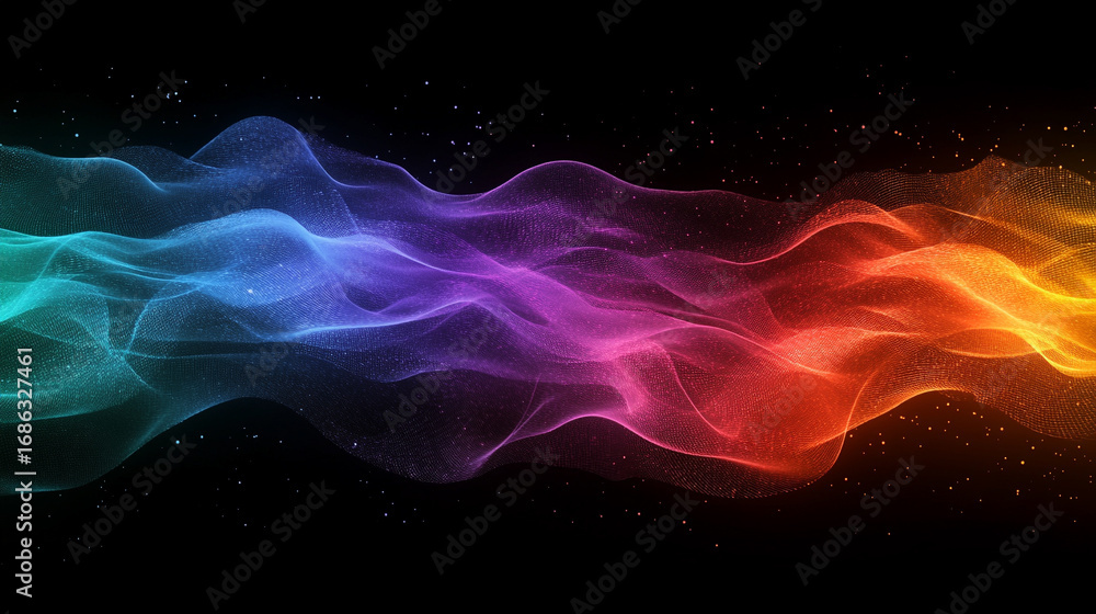 Poster seamless mesh gradient with vivid rainbow colors blending on black background with subtle noise and 