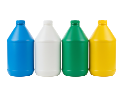 Plastic containers multicolored packaging product bottles jug liquid storage clean bright colors recycling ecology design studio isolated transparent background