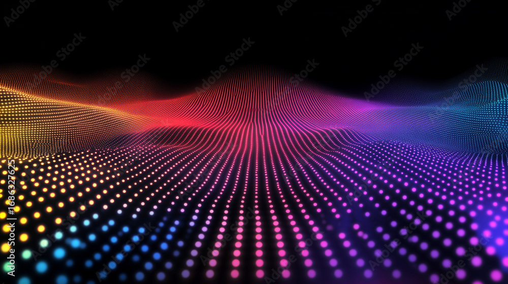 Poster seamless mesh gradient with vivid rainbow colors blending on black background with subtle noise and 
