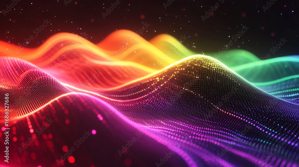 Poster seamless mesh gradient with vivid rainbow colors blending on black background with subtle noise and 