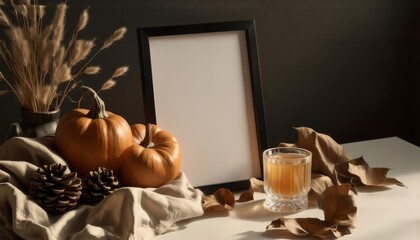 Fototapeta premium Cozy Autumn Still Life with Pumpkins and Natural Elements