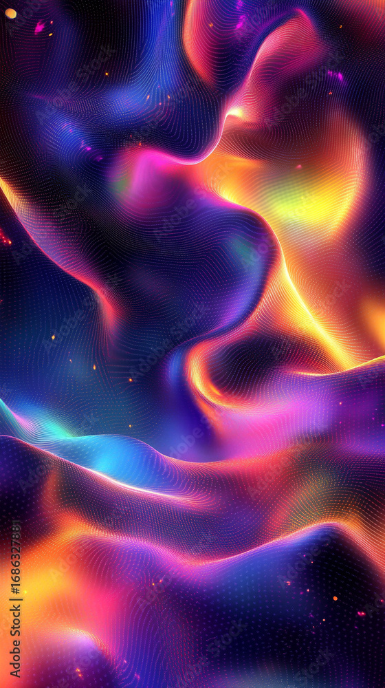 Poster seamless mesh gradient with vivid rainbow colors blending on black background with subtle noise and 