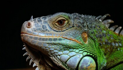 Obraz premium Close-up profile view of a vibrant iguana head, showcasing intricate scales and a striking color palette against a dark backdrop.