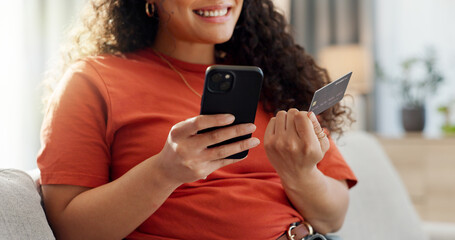 Phone, credit card and hands of woman in home for online shopping, digital purchase and...