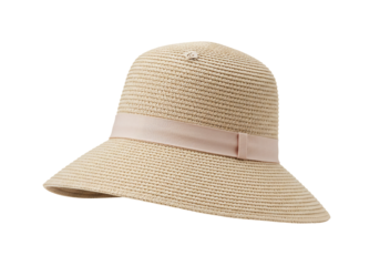 Beige straw hat with pink ribbon summer fashion accessory isolated on transparent background