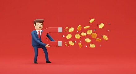 A cartoon businessman holds a powerful magnet, attracting a multitude of gold coins in a vibrant red background.