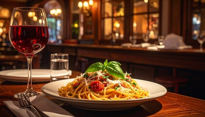 An exquisite Italian pasta dish paired with red wine for a perfect evening meal