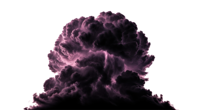 Colossal anvil-shaped cumulonimbus thunderhead, deep bruised purple and dark gray, jagged edges, dramatic high-key lighting on a transparent background, concept of natural force