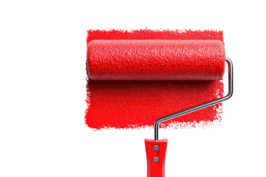 Red paint roller applying a coat of paint