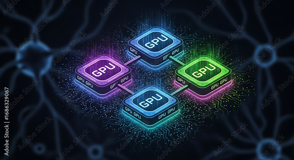 Aufkleber isometric view of interconnected gpus with glowing neon colors and neural network background ai gene