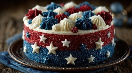 Festive Patriotic Cake Adorned with Stars and Stripes. Perfect for National Celebrations and Holidays. Generating Feelings of Pride and Festivity.