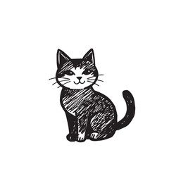 Cat Doodle Black and White Illustration Vector Image Cute Kitten Sketch Line Art Drawing Silhouette