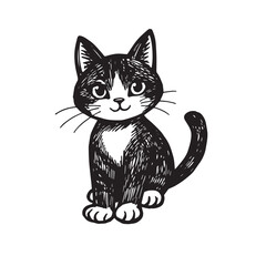 Cat Doodle Black and White Illustration Vector Image Cute Kitten Sketch Line Art Drawing Silhouette