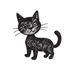 Cat Doodle Black and White Illustration Vector Image Cute Kitten Sketch Line Art Drawing Silhouette