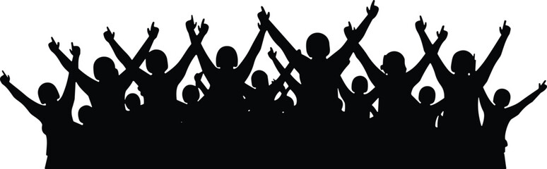 Set of cheering crowd silhouettes with flags and banners, celebrating audience at concert, festival, sports event, or public gathering.