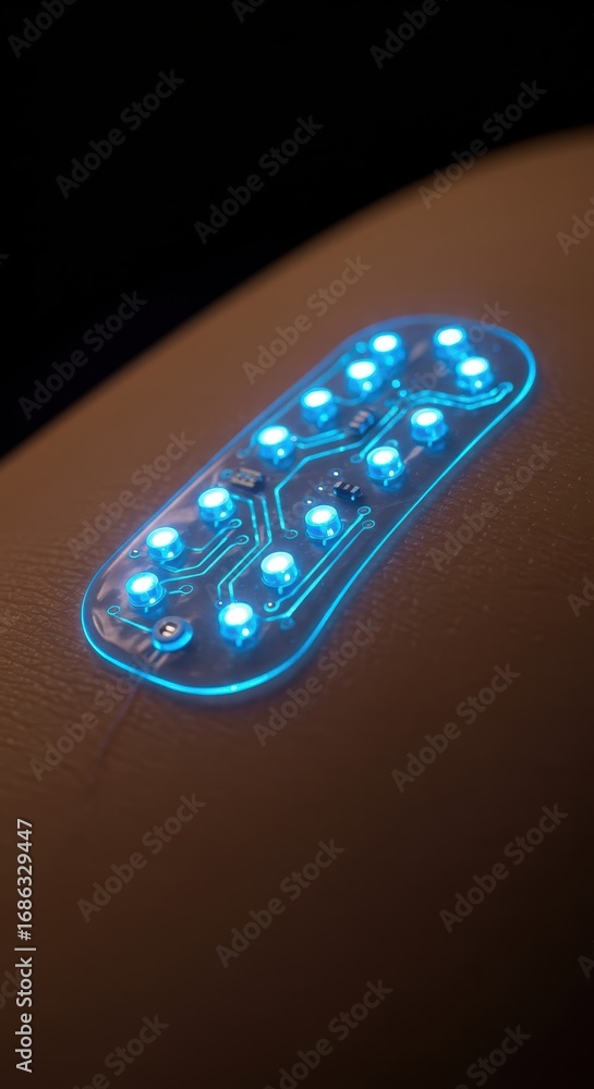 Poster a translucent, glowing blue circuit board with embedded leds sits atop a light brown surface, illumi