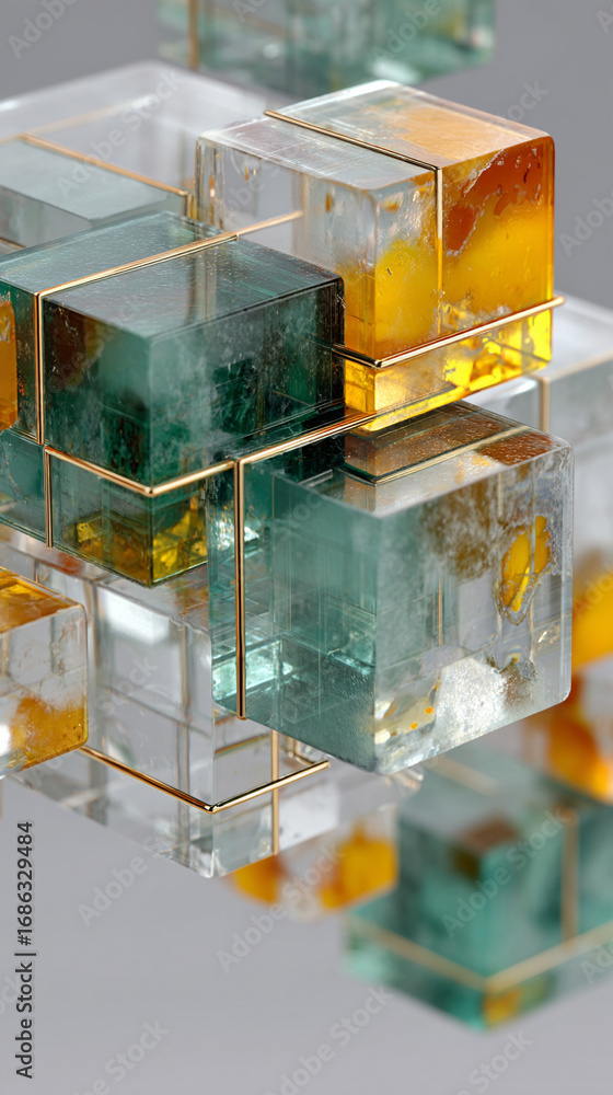 Poster abstract 3d rendering of geometric cubes and squares arranged in modern composition creating depth s