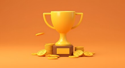 A stylized, cartoonish trophy rests on a pedestal of coins, bathed in a vibrant, cheerful orange hue.