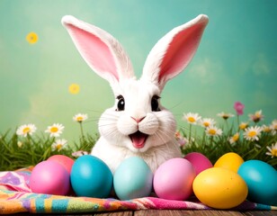 Happy Easter bunny with colorful eggs