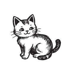 Cat Doodle Black and White Illustration Vector Image Cute Kitten Sketch Line Art Drawing Silhouette