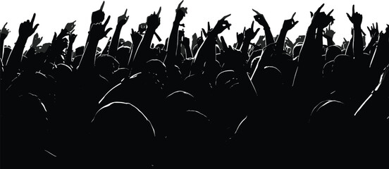 Silhouette crowd raising hands with rock and metal gestures, cheering audience at concert, festival, live music or party event.