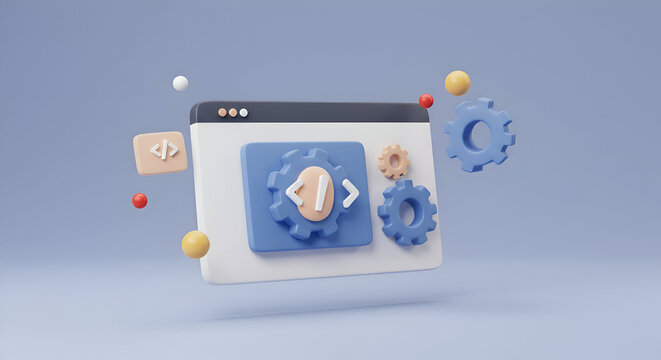 Colorful web development interface elements in a 3D style. Floating components with coding symbols and gears in pastel colors against a light purple background.