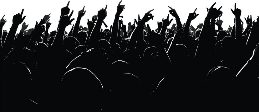 Silhouette crowd raising hands with rock and metal gestures, cheering audience at concert, festival, live music or party event.