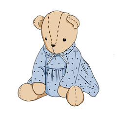 Illustration of a children's stuffed toy Teddy bear in a dress. Vector illustration