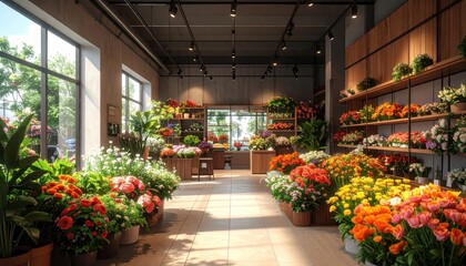 Fototapeta premium A brightly lit floral shop displays an array of colorful flowers and plants, showcasing a vibrant and cheerful interior design.