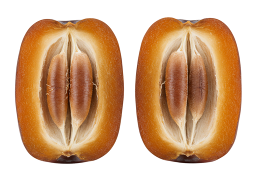 Two halves of date fruit detailed macro shot with transparent background